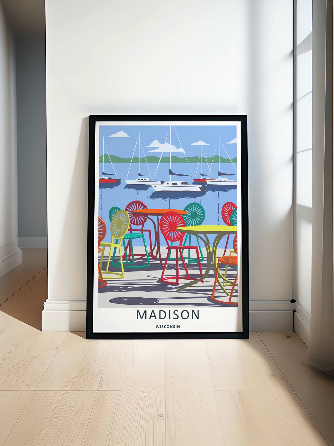 Minimalist Madison Wisconsin travel poster of the iconic terrace chairs overlooking sailboats without text, customizable as a textured canvas piece, an art print, or a wood framed wall accent.