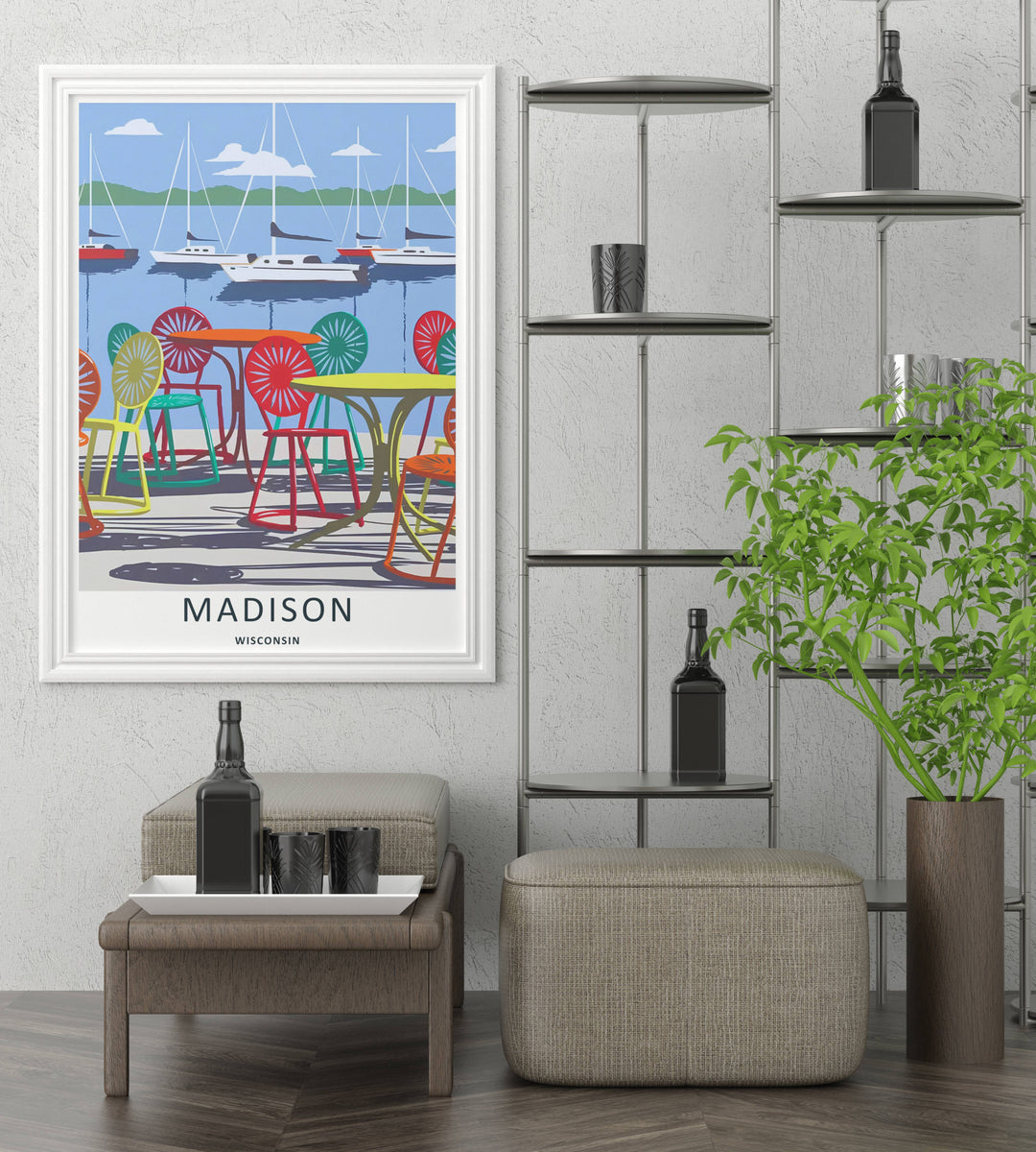 A detailed artistic Madison Wisconsin travel poster displaying a bright blue sky over multiple sailboats docked on the lake, selectable as an elegant canvas format or a loose matte poster print.