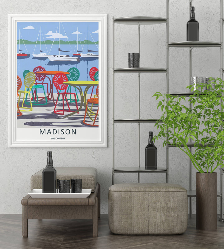 A detailed artistic Madison Wisconsin travel poster displaying a bright blue sky over multiple sailboats docked on the lake, selectable as an elegant canvas format or a loose matte poster print.