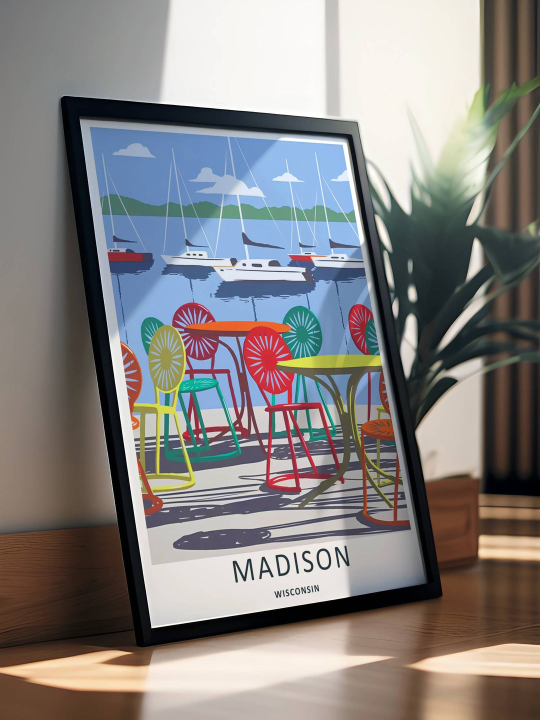 A stunning college town theme print showcasing bold patio chair shadows and calm harbor waters in Madison Wisconsin, available in flexible unframed, canvas, or custom framed layouts for home decor.