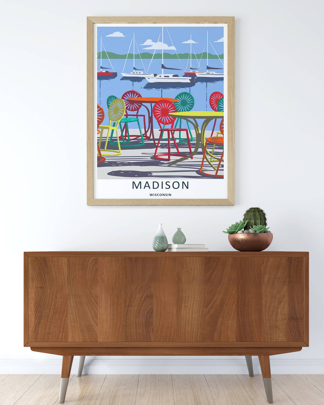 Colorful graphic illustration print of the world-famous student terrace spot along the water in Madison Wisconsin, crafted as a premium canvas wall print, an unframed poster, or a gold framed gallery piece.