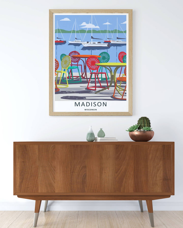 Colorful graphic illustration print of the world-famous student terrace spot along the water in Madison Wisconsin, crafted as a premium canvas wall print, an unframed poster, or a gold framed gallery piece.