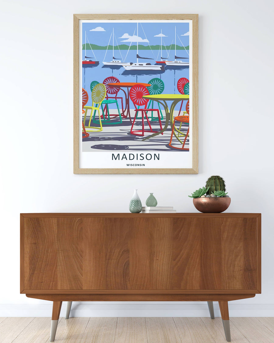 Colorful graphic illustration print of the world-famous student terrace spot along the water in Madison Wisconsin, crafted as a premium canvas wall print, an unframed poster, or a gold framed gallery piece.