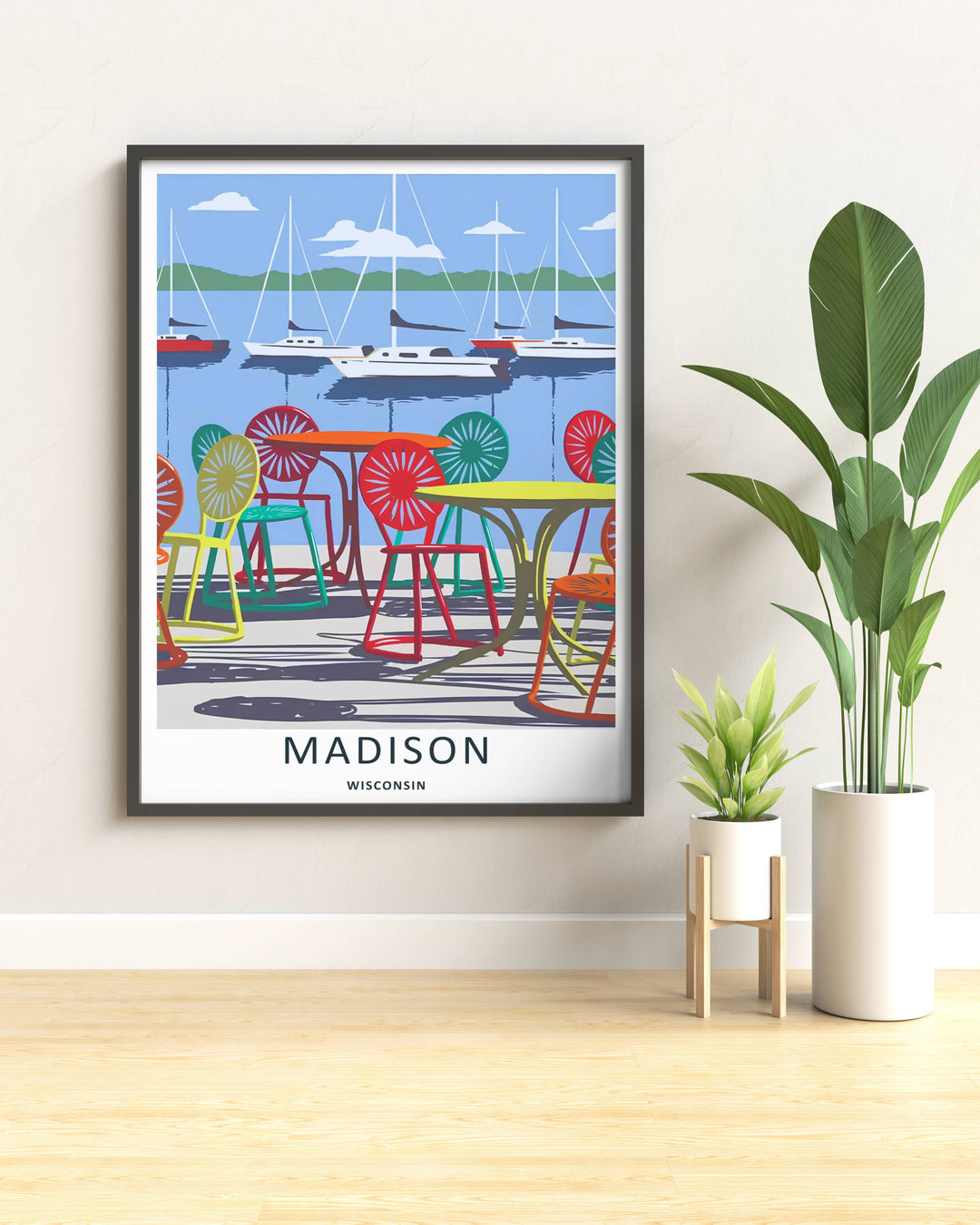 Modern wall art featuring a retro mid-century style layout of the lakeside terrace in Madison Wisconsin, which can be ordered as a stretched canvas format, a standalone poster, or a pure gold frame.