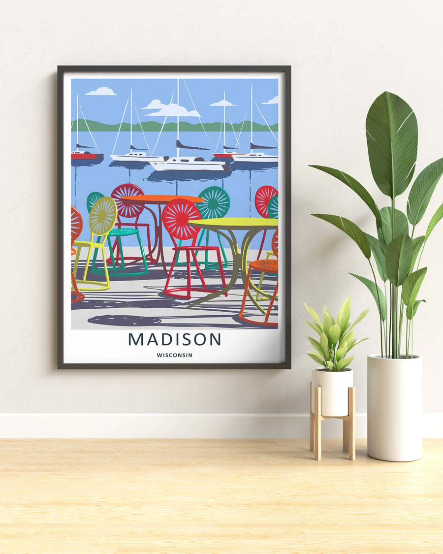 Modern wall art featuring a retro mid-century style layout of the lakeside terrace in Madison Wisconsin, which can be ordered as a stretched canvas format, a standalone poster, or a pure gold frame.