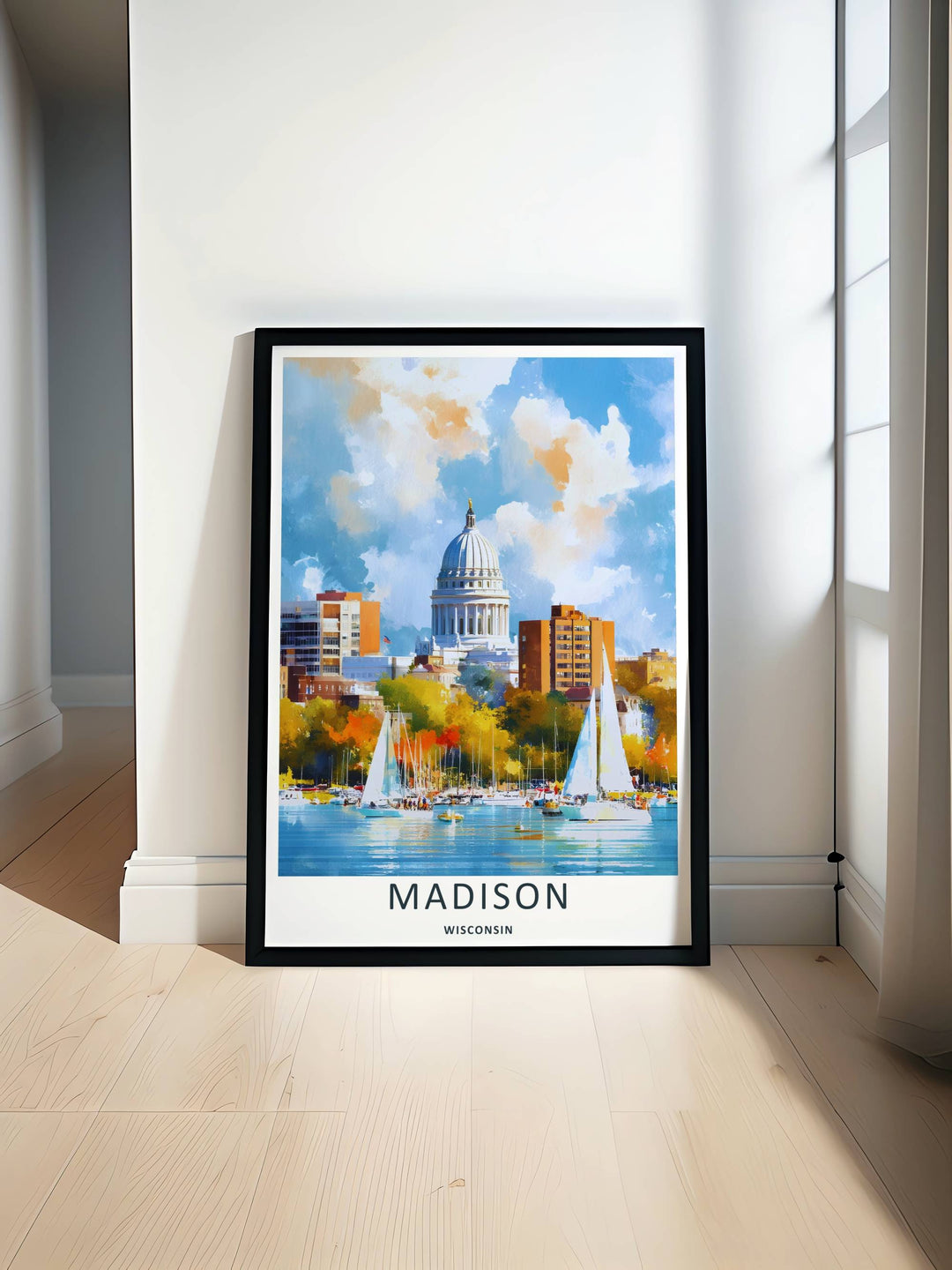 Minimalist Madison Wisconsin travel poster of the iconic skyline scene overlooking sailboats without text, customizable as a textured canvas piece, an art print, or a wood framed wall accent.