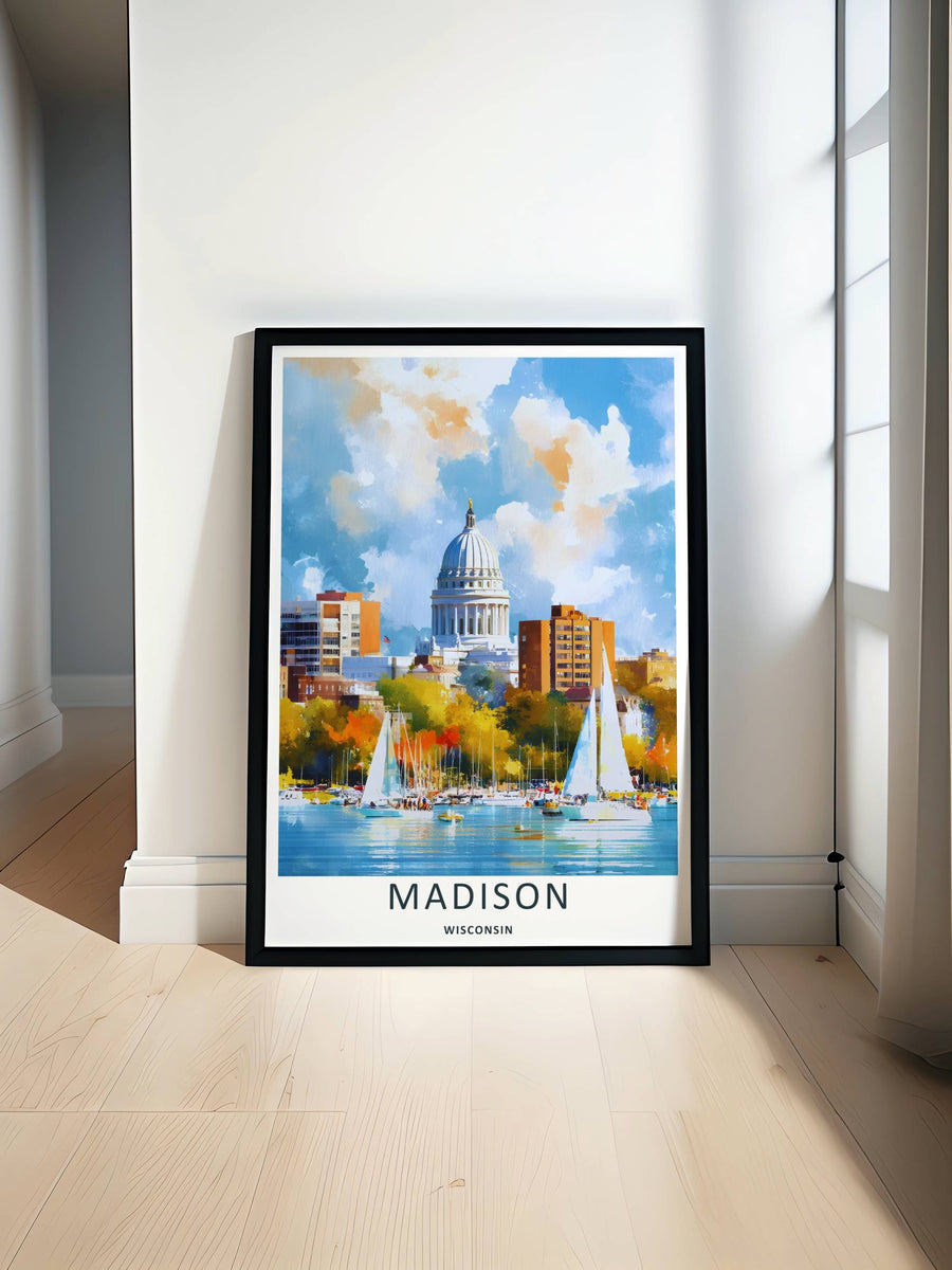Minimalist Madison Wisconsin travel poster of the iconic skyline scene overlooking sailboats without text, customizable as a textured canvas piece, an art print, or a wood framed wall accent.