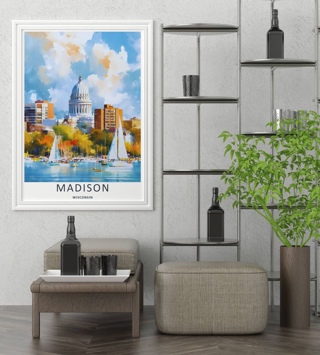 A detailed artistic Madison Wisconsin travel poster displaying a dynamic, textured sky over multiple white sailboats on the lake, selectable as an elegant canvas format or a loose matte poster print.