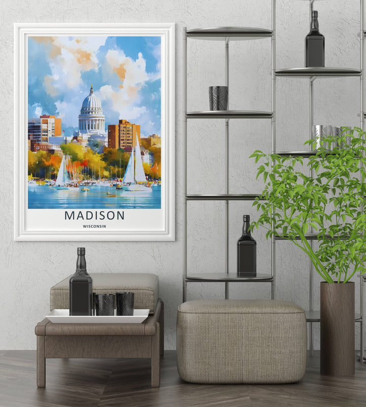 A detailed artistic Madison Wisconsin travel poster displaying a dynamic, textured sky over multiple white sailboats on the lake, selectable as an elegant canvas format or a loose matte poster print.