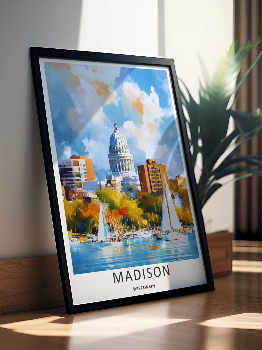 A stunning city theme print showcasing expressive brushstrokes and warm autumn foliage framing the Madison Wisconsin Capitol building, available in flexible unframed, canvas, or framed layouts for home decor.