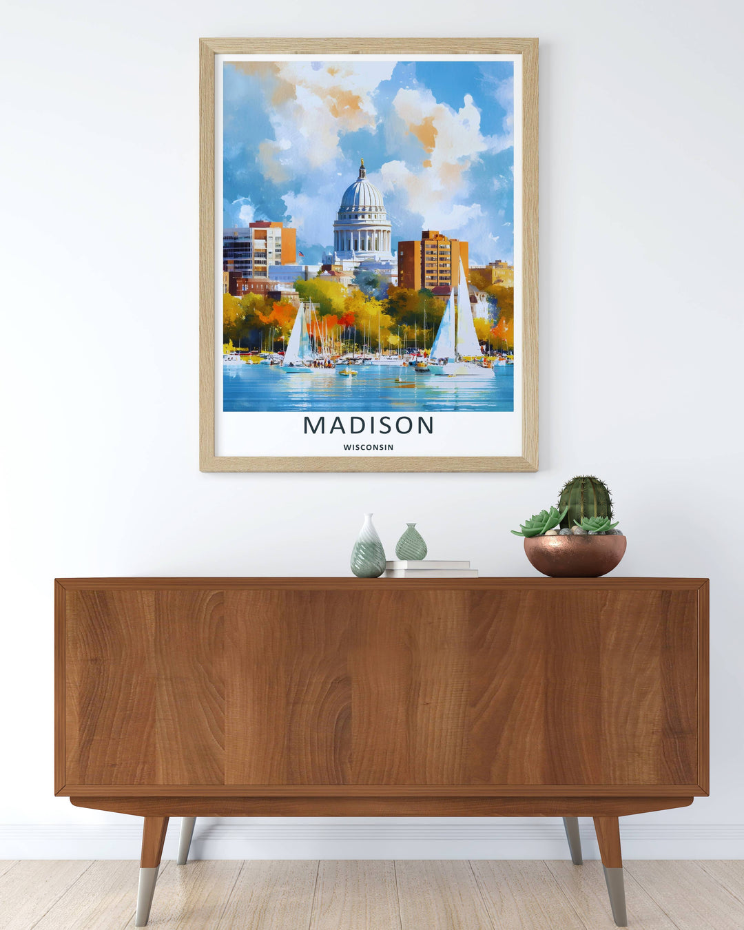 Colorful impressionist print of the world-famous waterfront skyline and historic core of Madison Wisconsin, crafted as a premium canvas wall print, an unframed poster, or a luxury gold framed gallery piece.