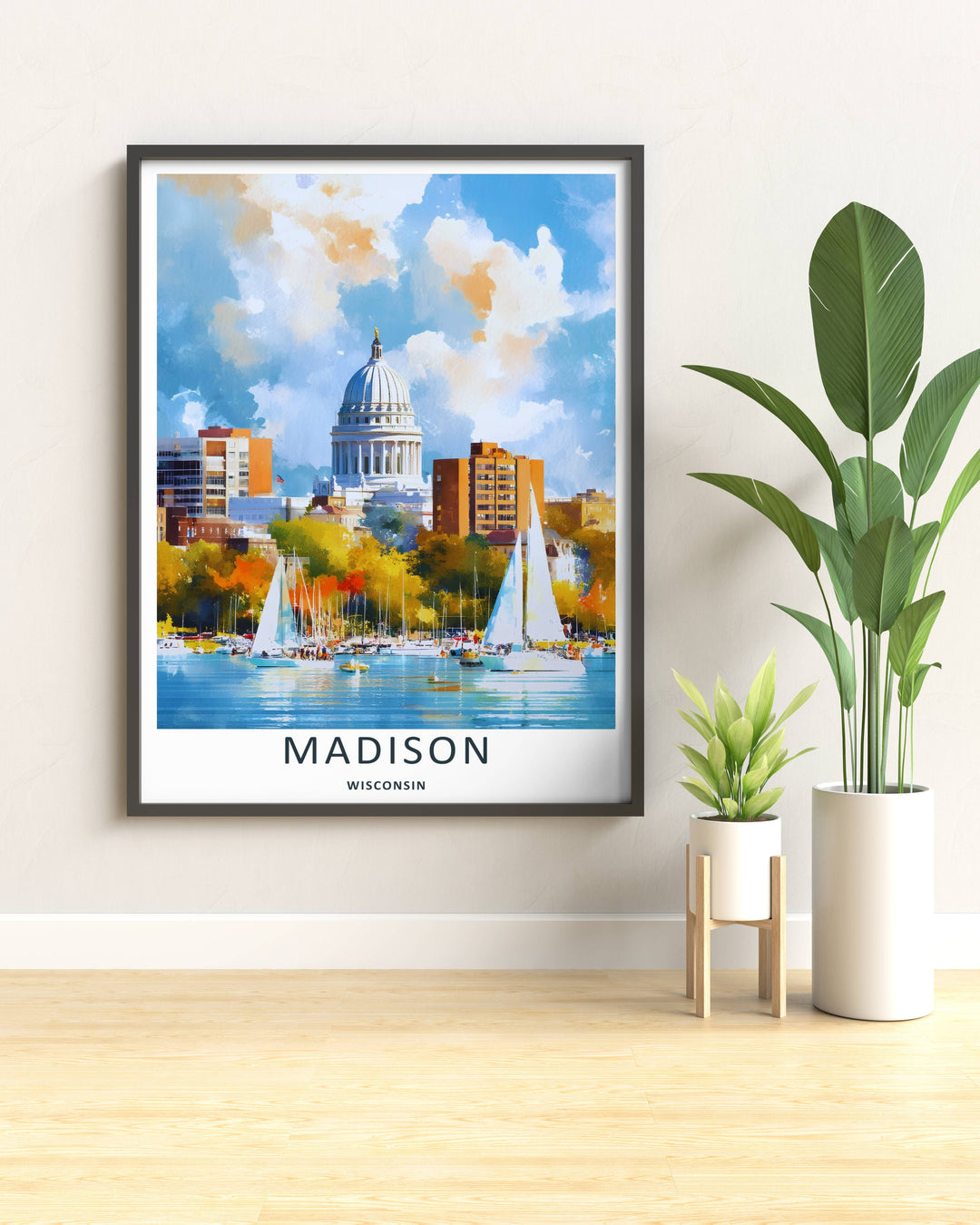 Modern wall art featuring a retro painterly style layout of the coastal metropolitan district in Madison Wisconsin, which can be ordered as a stretched canvas format, a standalone poster, or a pure gold frame.