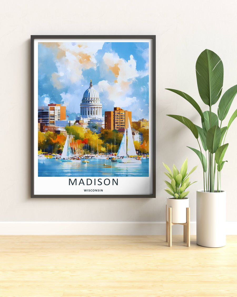 Modern wall art featuring a retro painterly style layout of the coastal metropolitan district in Madison Wisconsin, which can be ordered as a stretched canvas format, a standalone poster, or a pure gold frame.