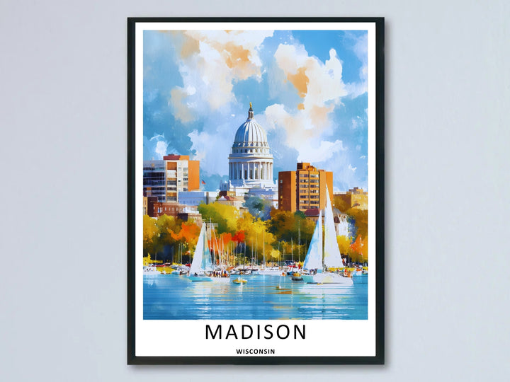 A beautiful Madison Wisconsin Capitol skyline watercolor art print highlighting a painterly waterfront view of the historic white dome behind autumn trees, available as an unframed poster or wrapped canvas.