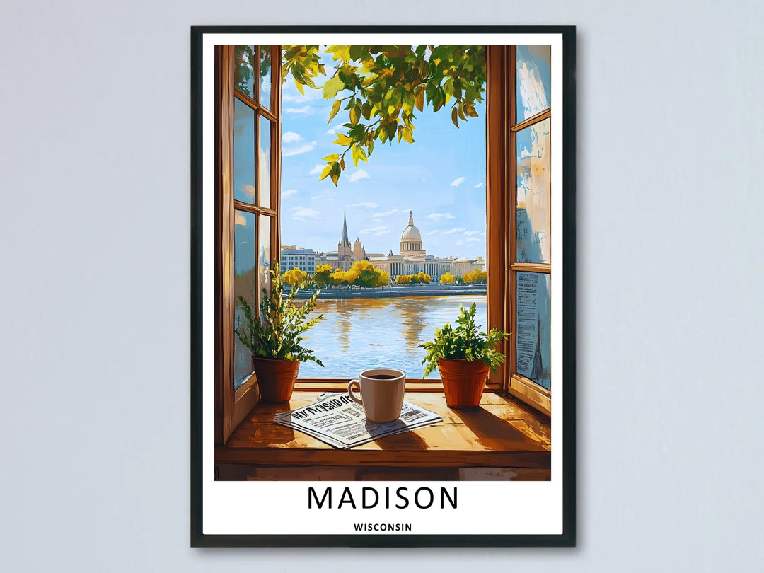 A beautiful Madison Wisconsin Capitol window lake art print highlighting a cozy wooden window frame with a coffee mug and newspaper overlooking the historic city skyline across the blue water.