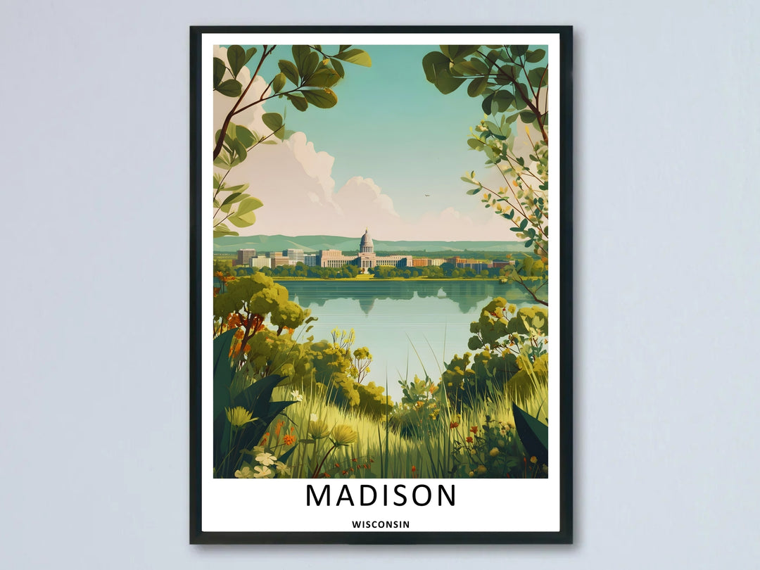A beautiful Madison Wisconsin skyline panoramic art print highlighting a nature-framed view of the historic white Capitol dome across a calm lake; available as an unframed poster, canvas, or framed print.