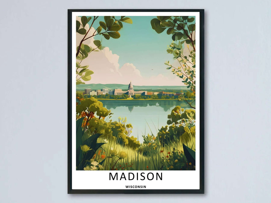 A beautiful Madison Wisconsin skyline panoramic art print highlighting a nature-framed view of the historic white Capitol dome across a calm lake; available as an unframed poster, canvas, or framed print.