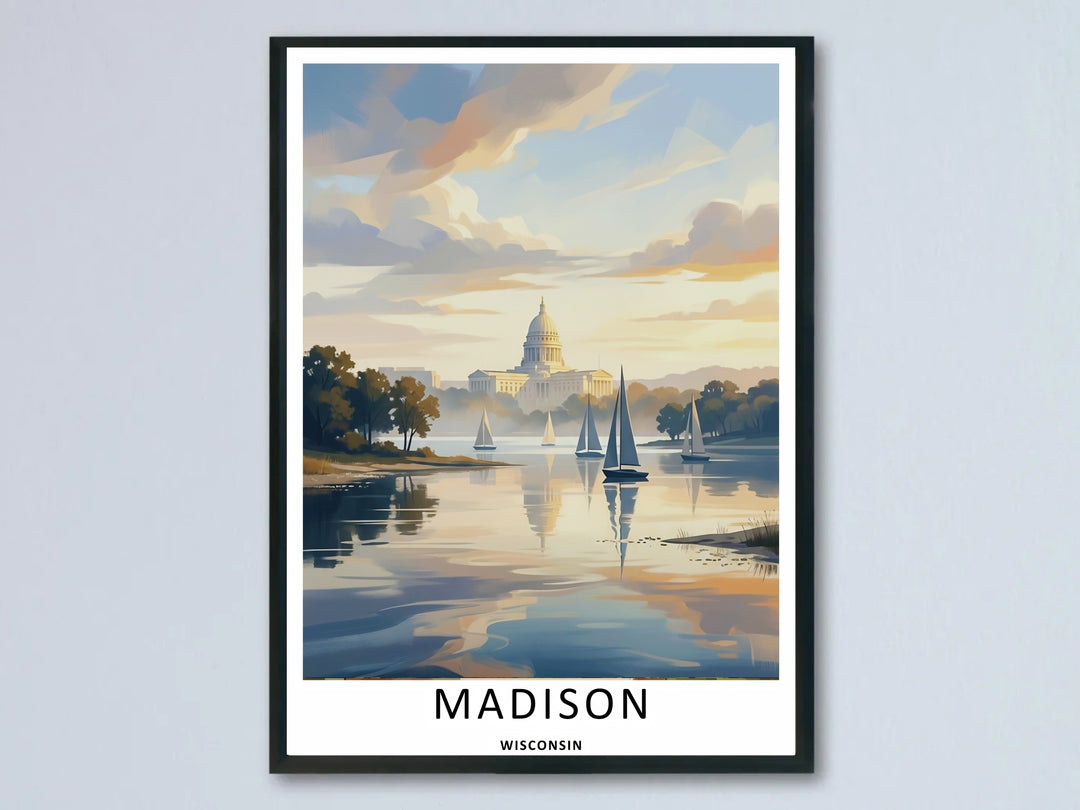A beautiful Madison Wisconsin Capitol sailboat lake art print highlighting a soft, painterly golden hour view of the historic white dome behind floating sailboats, available as an unframed poster or canvas.