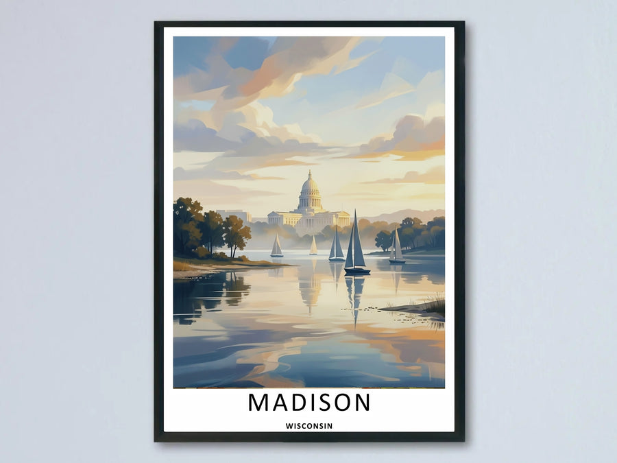 A beautiful Madison Wisconsin Capitol sailboat lake art print highlighting a soft, painterly golden hour view of the historic white dome behind floating sailboats, available as an unframed poster or canvas.