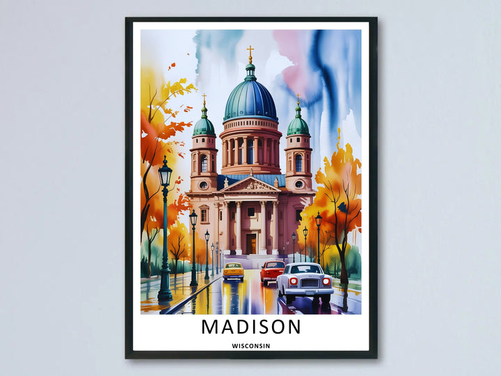 A beautiful Madison Wisconsin Capitol autumn watercolor art piece showcasing the grand building dome behind vibrant yellow trees, available as an unframed poster, premium canvas, or framed print.