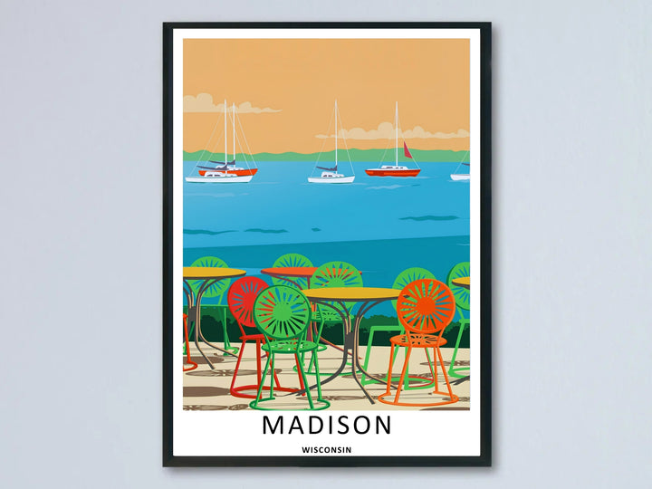 A beautiful Madison Wisconsin Memorial Union Terrace art print showcasing iconic green, orange, and red sunburst chairs along Lake Mendota, available as an unframed poster, canvas, or framed print.