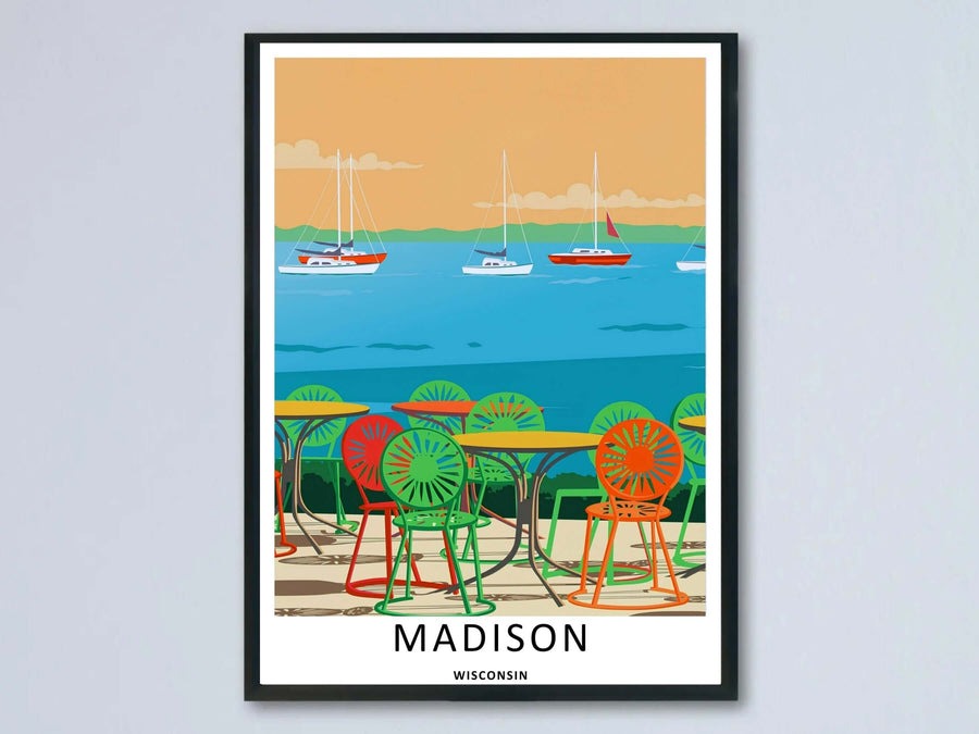 A beautiful Madison Wisconsin Memorial Union Terrace art print showcasing iconic green, orange, and red sunburst chairs along Lake Mendota, available as an unframed poster, canvas, or framed print.