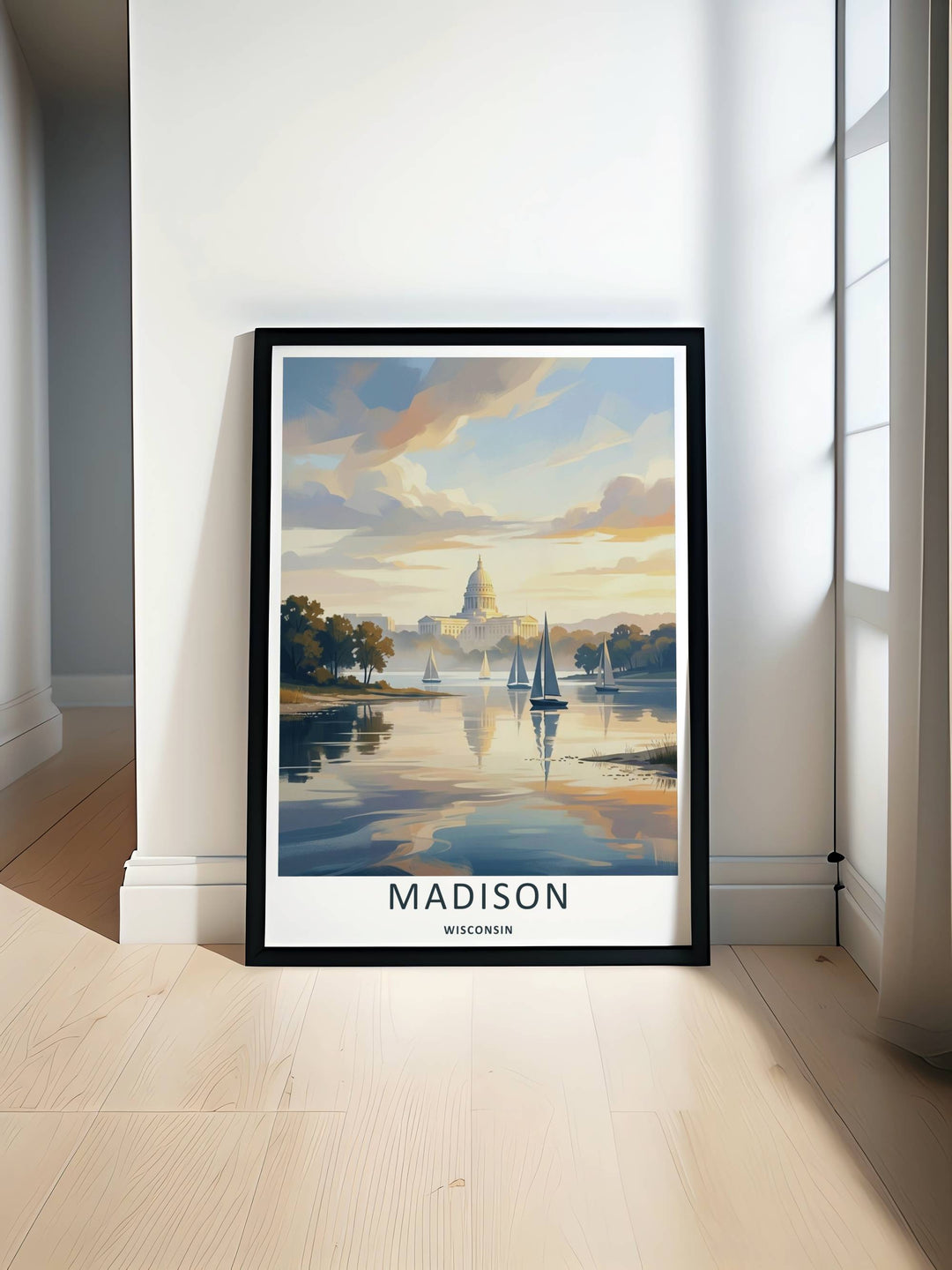 Minimalist Madison Wisconsin travel poster of the iconic skyline scene overlooking sailboats without text, customizable as a textured canvas piece, an art print, or a wood framed wall accent.