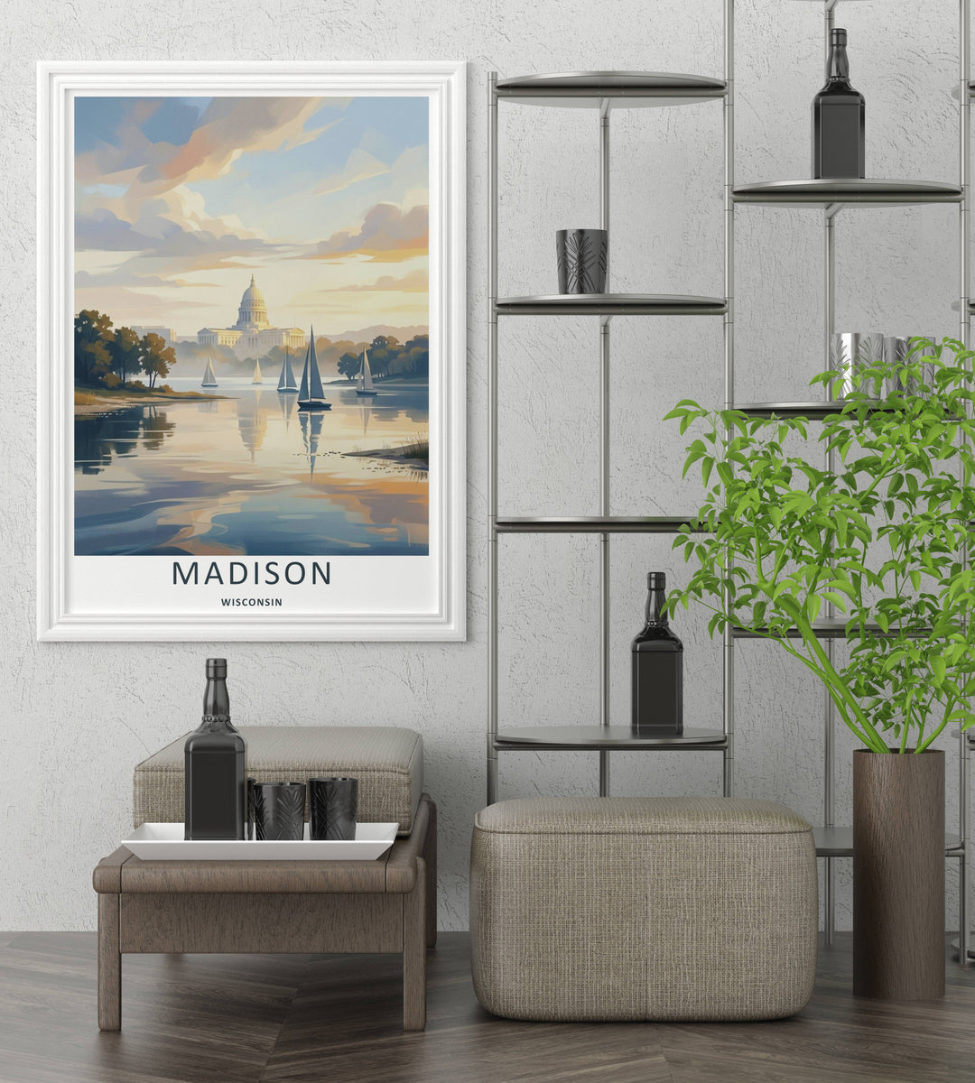 An elegant midwest print of the scenic Wisconsin State Capitol building in Madison framed by soft orange clouds and blue lake waters, offered as an unframed print, a wrapped canvas, or a retro black frame.