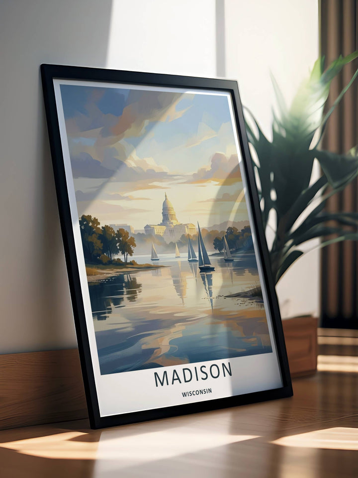 High-contrast painterly artwork of a historic capital skyline overlooking sailboats on a calm lake in Madison Wisconsin, custom made as a canvas print, a standalone unframed print, or a retro white frame.