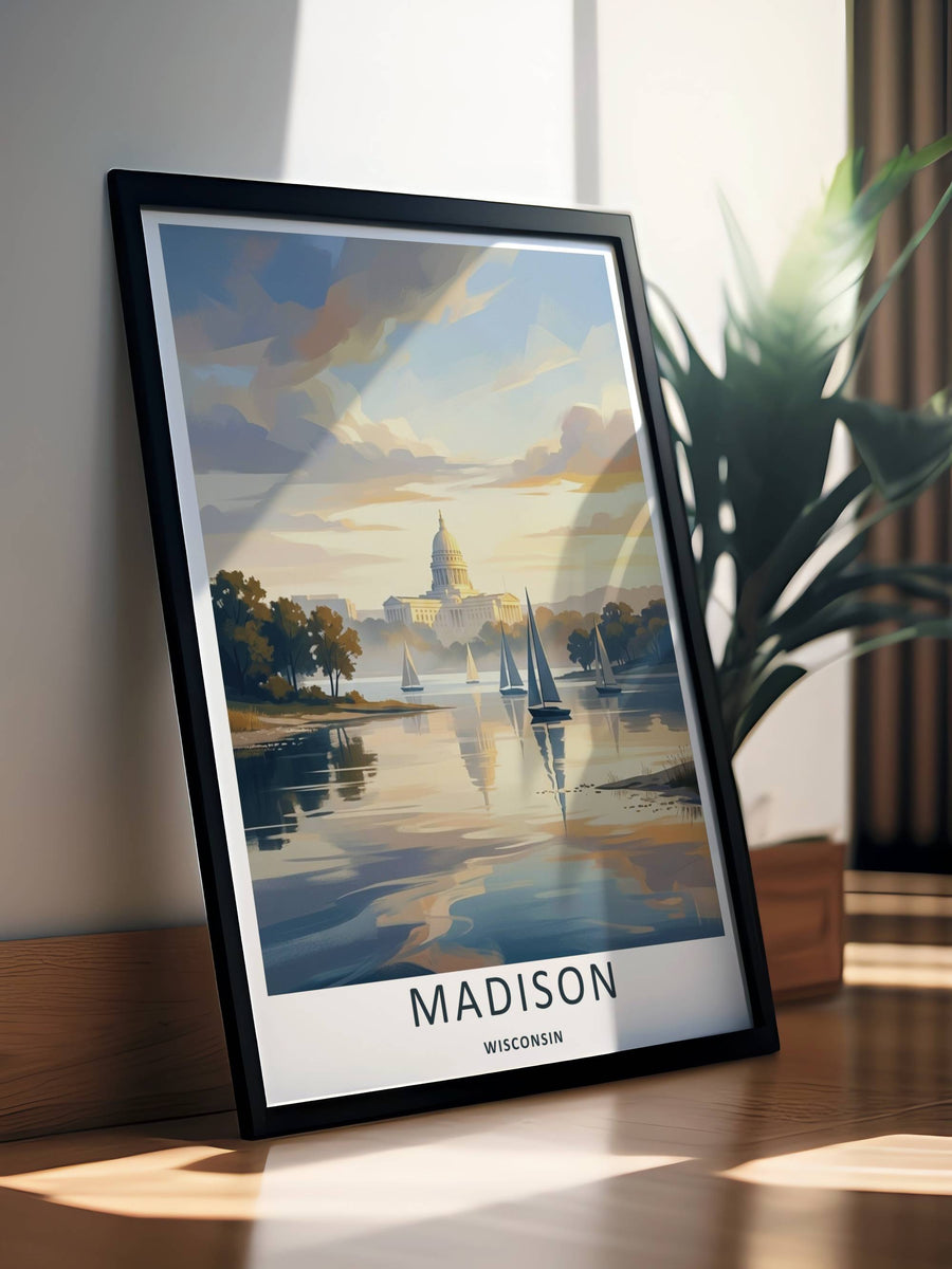 High-contrast painterly artwork of a historic capital skyline overlooking sailboats on a calm lake in Madison Wisconsin, custom made as a canvas print, a standalone unframed print, or a retro white frame.