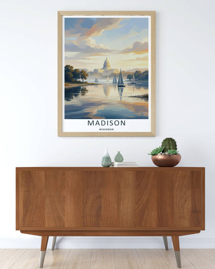 A colorful nature and geometric design of the historic lakefront city streetscape in Madison Wisconsin, available in a variety of presentation formats including canvas wall art and elegant bronze frames.
