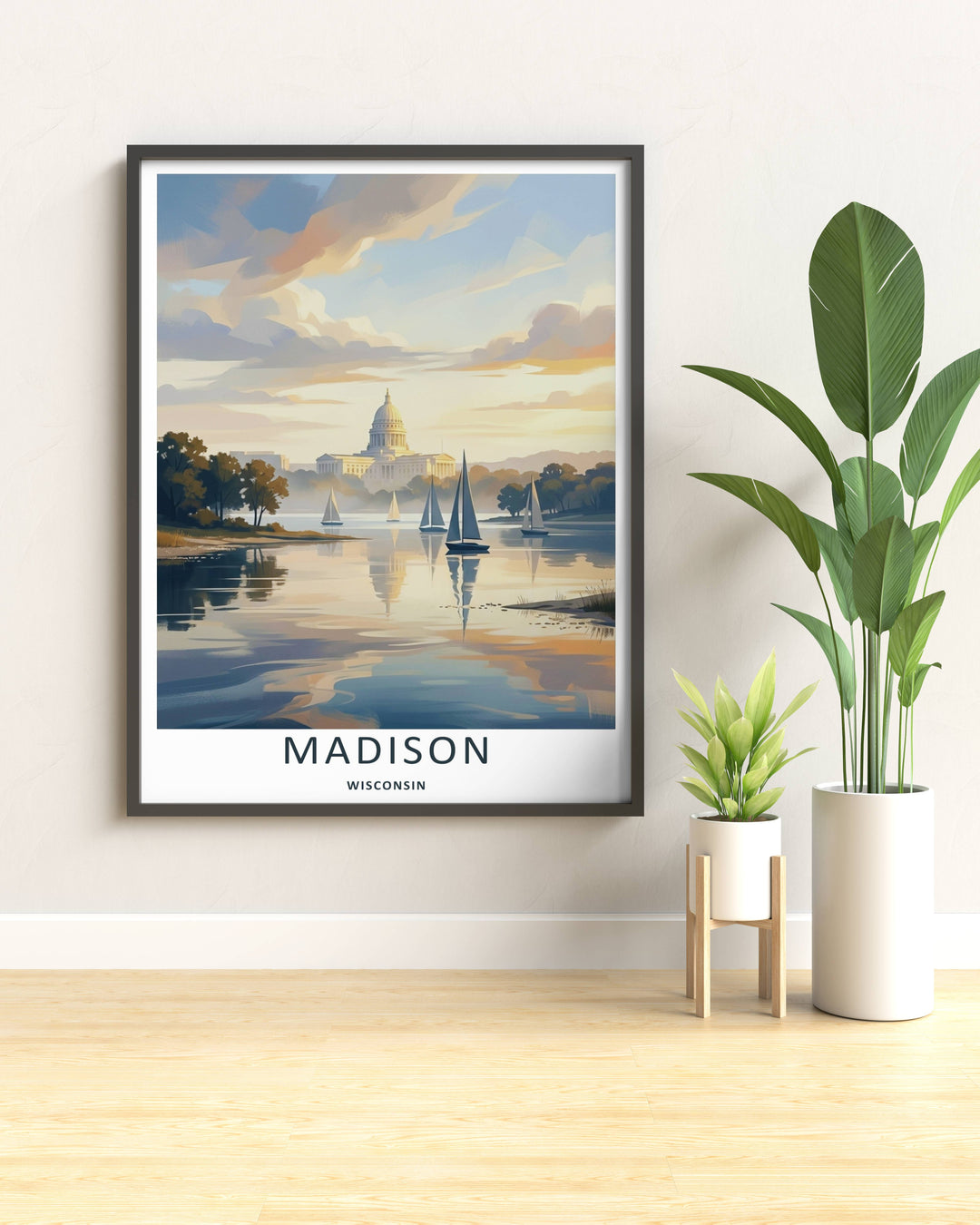 A stylized landscape print displaying a vintage style Madison Wisconsin neighborhood panorama looking toward the water, with options to purchase as an unframed print, canvas, or a luxury silver frame.