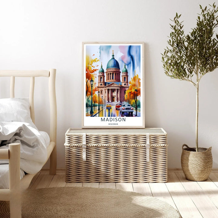 An elegant midwest print of the scenic Wisconsin State Capitol building in Madison during a crisp fall day, offered as an unframed print, a wrapped canvas, or a premium retro black framed art finish.