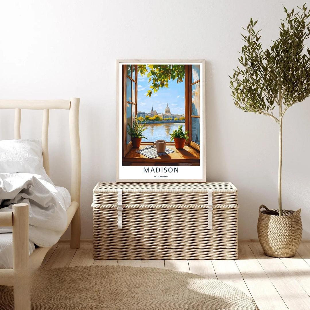 An elegant midwest print of the scenic Wisconsin State Capitol building in Madison framed by warm wood tones and vibrant green foliage, offered as an unframed print, canvas, or a retro black frame.