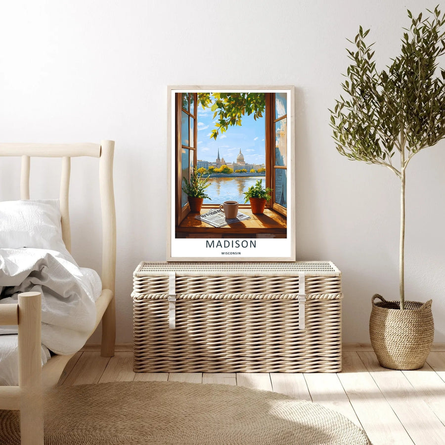 An elegant midwest print of the scenic Wisconsin State Capitol building in Madison framed by warm wood tones and vibrant green foliage, offered as an unframed print, canvas, or a retro black frame.