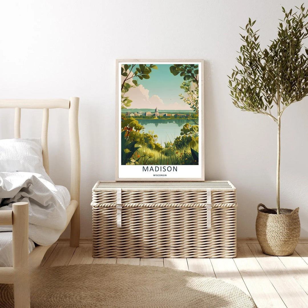 An elegant midwest print of the scenic Wisconsin State Capitol building in Madison framed by green summer foliage and field grasses, offered as an unframed print, a wrapped canvas, or a retro black frame.