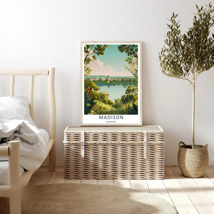 An elegant midwest print of the scenic Wisconsin State Capitol building in Madison framed by green summer foliage and field grasses, offered as an unframed print, a wrapped canvas, or a retro black frame.