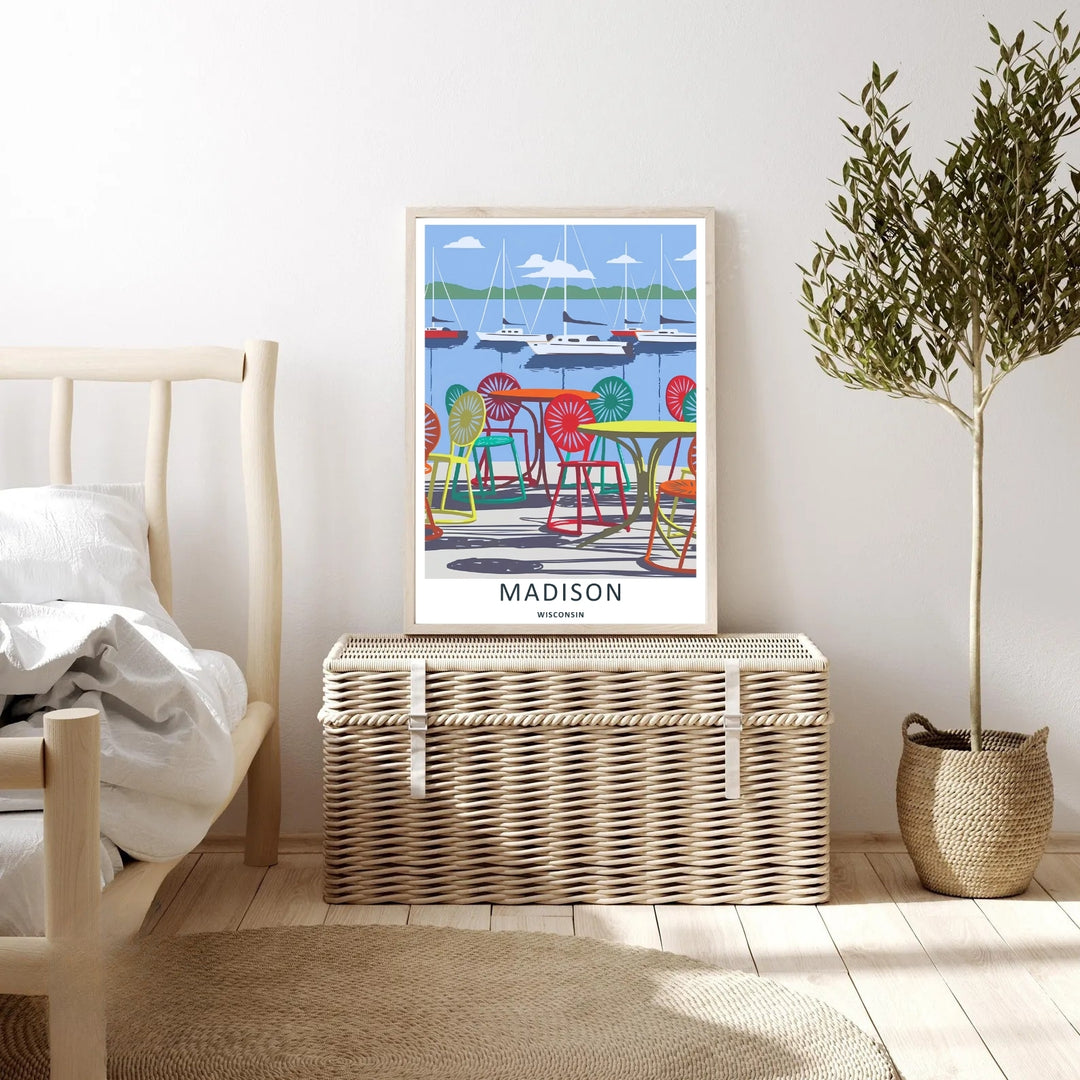 An elegant midwest print of the scenic Memorial Union Terrace in Madison Wisconsin on a clear summer day, offered as an unframed print, a wrapped canvas, or a premium retro black framed art finish.