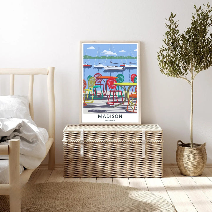 An elegant midwest print of the scenic Memorial Union Terrace in Madison Wisconsin on a clear summer day, offered as an unframed print, a wrapped canvas, or a premium retro black framed art finish.