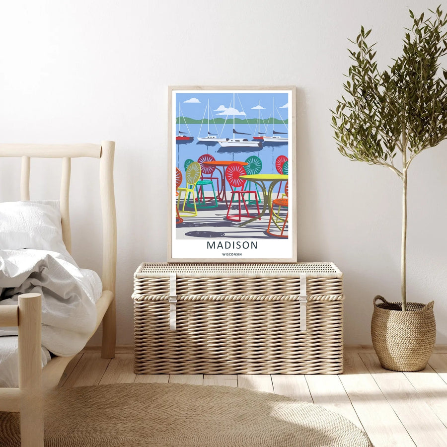 An elegant midwest print of the scenic Memorial Union Terrace in Madison Wisconsin on a clear summer day, offered as an unframed print, a wrapped canvas, or a premium retro black framed art finish.