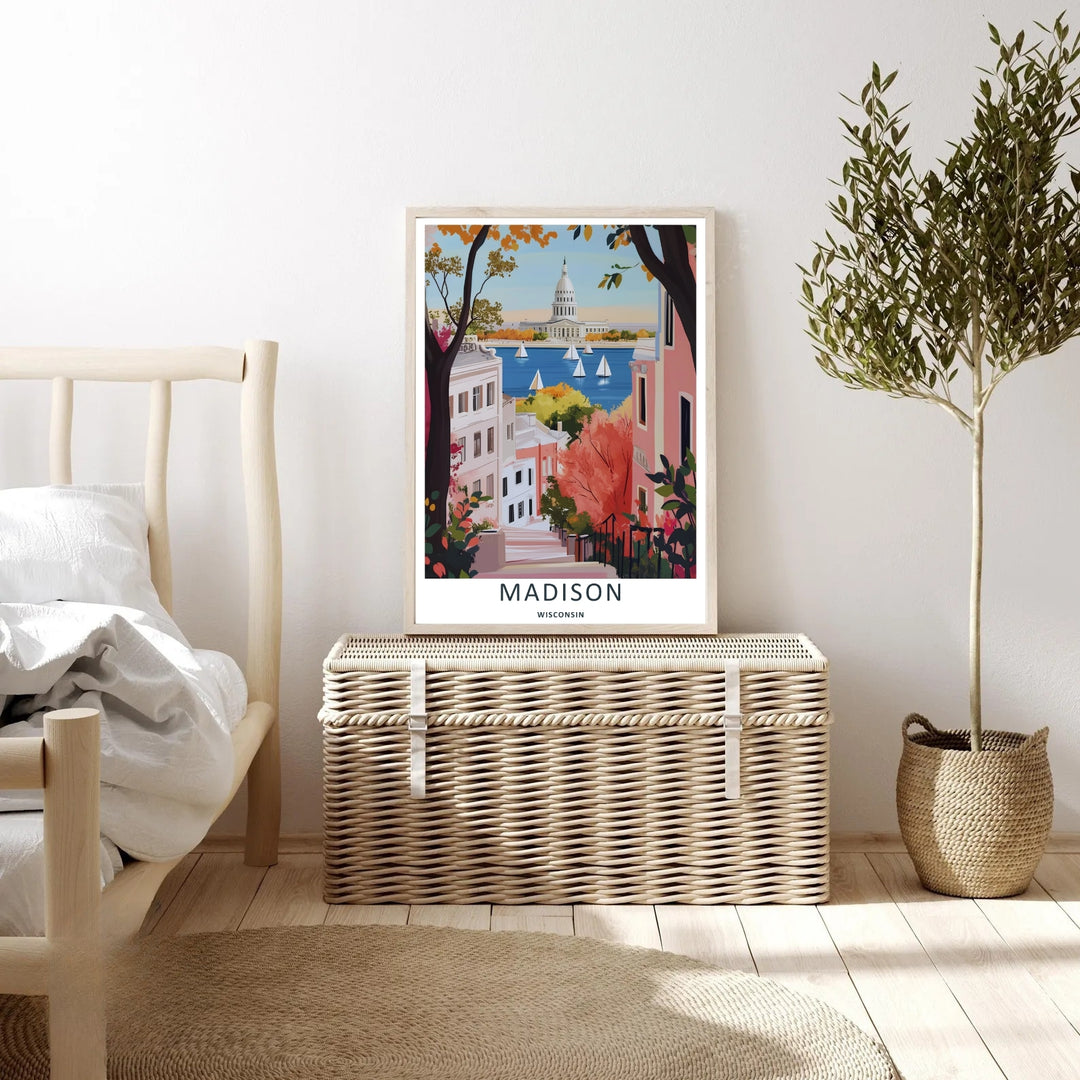 An elegant midwest print of the scenic Wisconsin State Capitol building in Madison framed by orange autumn leaves and coastal townhomes, offered as an unframed print or a retro black frame.