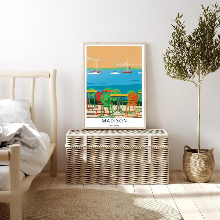 An elegant midwest print of the scenic Memorial Union Terrace in Madison Wisconsin on a sunny summer day, offered as an unframed print, a wrapped canvas, or a premium retro black framed art finish.