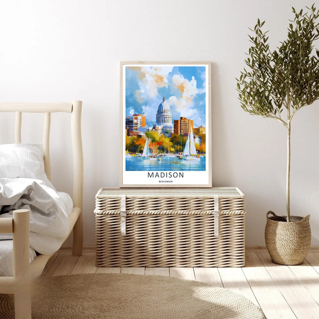 An elegant midwest print of the scenic Wisconsin State Capitol building in Madison framed by fiery orange trees and blue lake waters, offered as an unframed print, a wrapped canvas, or a retro black frame.