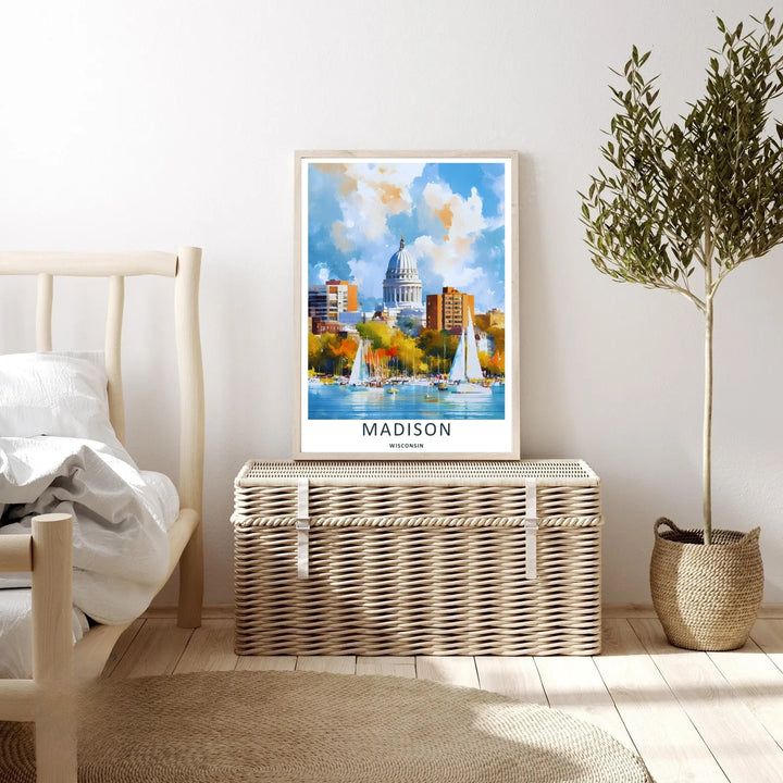 An elegant midwest print of the scenic Wisconsin State Capitol building in Madison framed by fiery orange trees and blue lake waters, offered as an unframed print, a wrapped canvas, or a retro black frame.