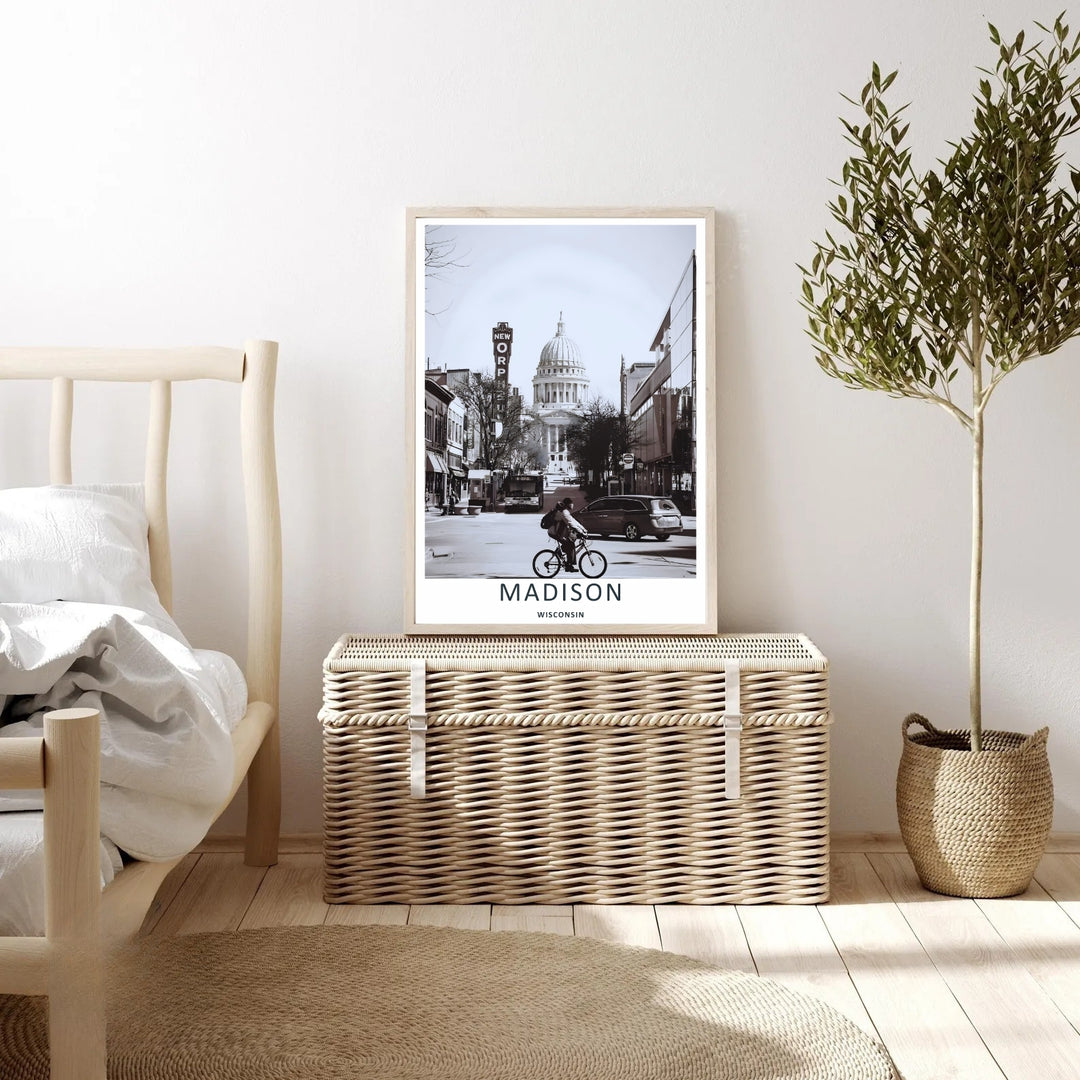 An elegant midwest print of the scenic Wisconsin State Capitol building in Madison at the end of State Street, offered as an unframed print, a wrapped canvas, or a premium retro black framed art finish.