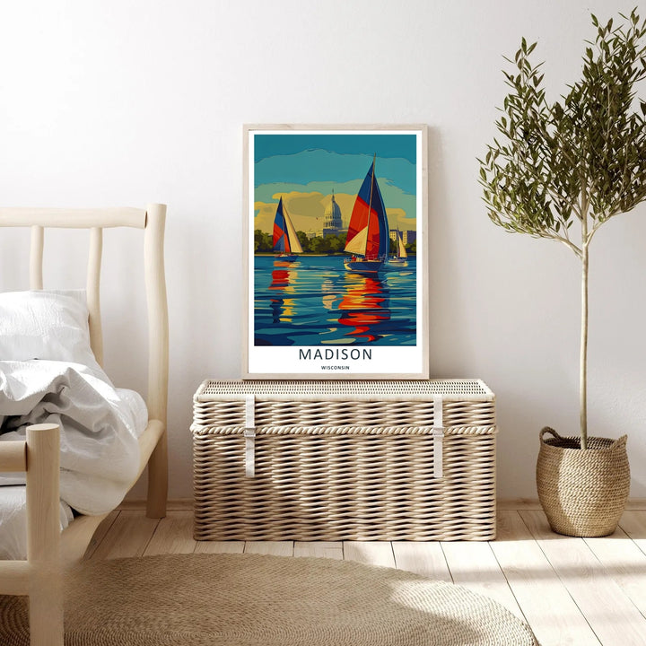 An elegant midwest print of the iconic Wisconsin State Capitol dome in Madison overlooking a bright blue lake during a clear daytime afternoon, offered as a wrapped canvas or within a retro black frame.