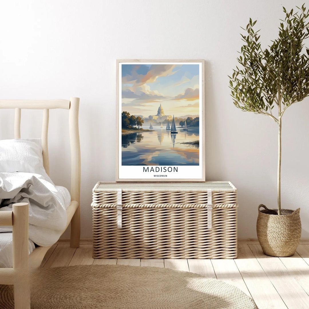 A detailed artistic Madison Wisconsin travel poster displaying a warm, sunset-tinted sky over multiple white sailboats resting on the lake, selectable as an elegant canvas format or a loose poster print.
