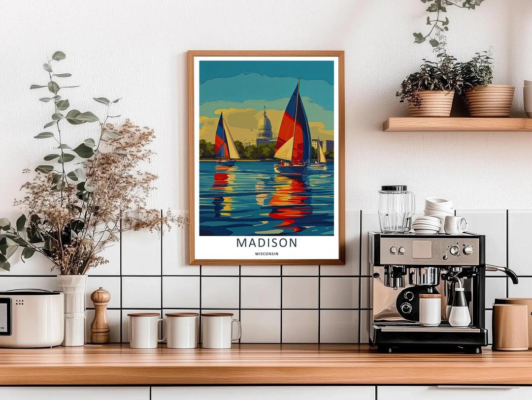 High-contrast vector artwork of sailboats exploring the scenic shoreline of Madison Wisconsin, custom made as a canvas, a standalone unframed print, or a retro white framed poster with a bold border.