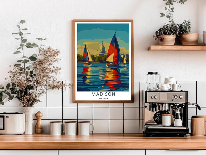 High-contrast vector artwork of sailboats exploring the scenic shoreline of Madison Wisconsin, custom made as a canvas, a standalone unframed print, or a retro white framed poster with a bold border.
