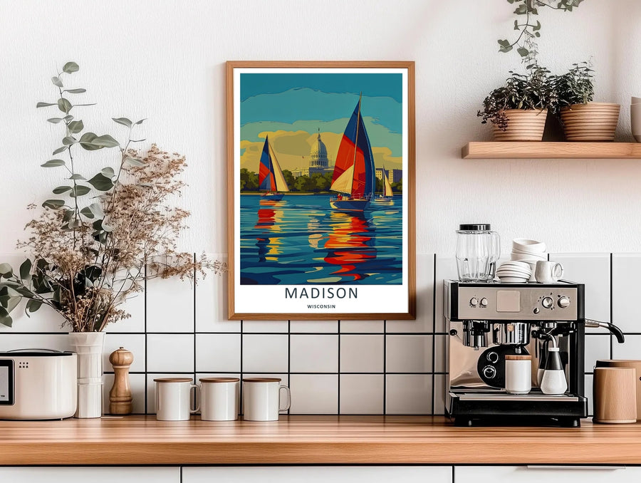 High-contrast vector artwork of sailboats exploring the scenic shoreline of Madison Wisconsin, custom made as a canvas, a standalone unframed print, or a retro white framed poster with a bold border.